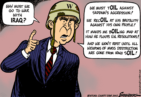 Bush's view on the war in Iraq - A caricature featuring Bush talking bout the war in Iraq.