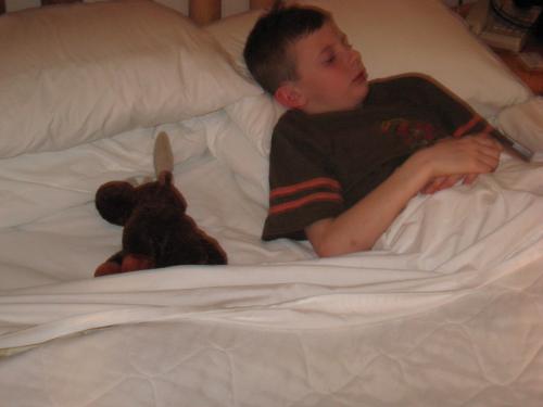 son finally sleeping - spent weekend at Cranberry Hotel in Tomah
