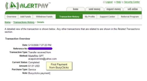 BusyClicks Payment - Screenshot proof of payment from BusyClicks, one of my favorite PTC sites.