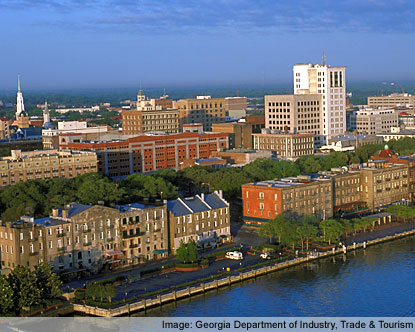 Savannah, GA - This is a picture of the downtown Savannah area. The city rests on the Savannah River and hosts one of the busiest ports in the United States.