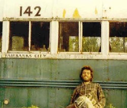 Christopher johnson McCandless - self-portrait taken by him , in front of magic bus two weeks above chris death moose hunter found his body in magic bus
