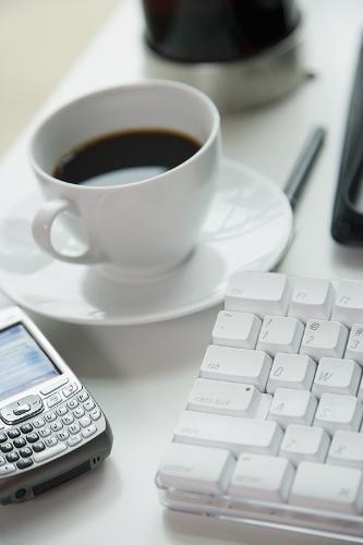 Coffee and the Internet - beverage, coffee, computer, cup, saucer, mobile phone, drink, day, office, home office