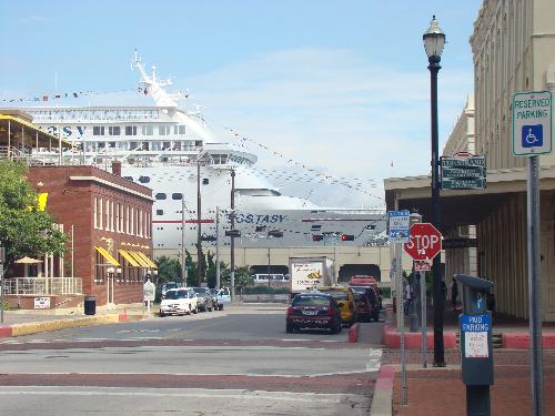 Carnival Ecstasy at Port Galveston - Looking down the street at Carnival Ecstasy at Galveston Port
