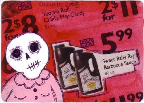 Skeleton and BBQ sauce collage ACEO - this is an original art piece made by me. Made from a recycled playing card and junk mail. acrylic paint, ink.