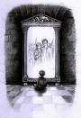 harry potter - harry potter sitting in front of the magical mirror of erised, in which he can see his heart's greatest desire, being with his deceased family (parents) that were murdered when he was a baby.