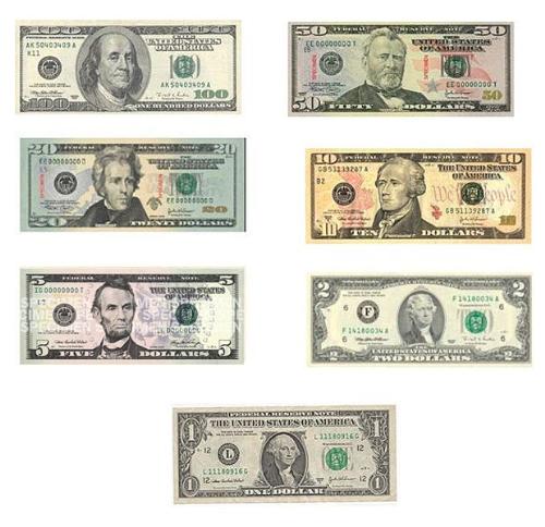 The US Currency - this photograph shows you all the us currency notes from $1 to $100. 