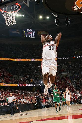 Le' Bron James - Le Bron James of Cleveland Cavaliers, goes for an uncontested Dunk against Boston Celtics in game three of conference game.
