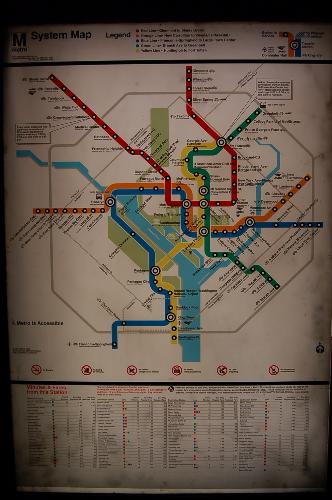 Map of the Washington, DC Metro Rail System - A map of the Washington, DC Metro Rail System, the subway system for DC. Photo taken by Stephanie Partridge 2008.