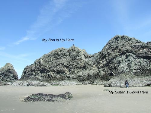 A pic of my son and my sister enjoying the coast - This is my son on top of one of the huge rocks on the beach. It took him a while to climb up. He is 14 and has no official instruction, just learning as he goes along. I used my sister for reference as to the size of this rock.