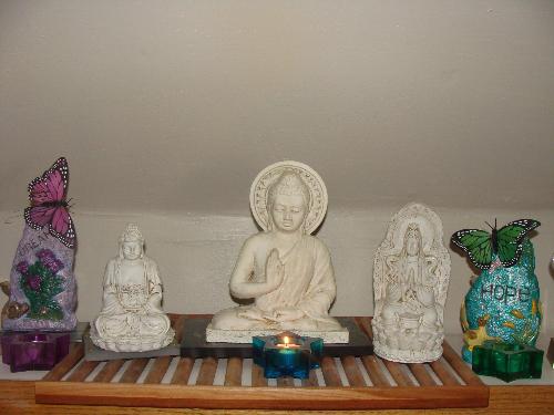 Dieties that remind me to live from Source-centere - Within my spiritual path I have discovered that my connection to Source is larger than any dogma...and I surround myself with things that augment my path of peace, love, light and hope. These deities remind me of peace and serenity when I look at them.