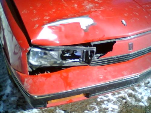 my last deer hit - This one I did 12 days after getting the car...all because I had to go to the store for eggs. Pretty expensive eggs I'll tell you lol...$1.89 for the carton, $75 for the new headlight, $15 to replace that red piece...can't find a hood for under $200 so I kept the old one...