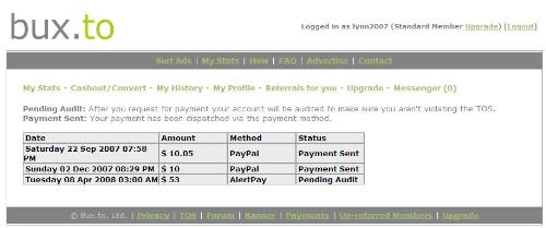 BuxTo History - This is a screenshot of my BuxTo history. As you can see, I've already been paid twice and have a third payout pending. Keep clicking and refer others to keep increasing the amount of your payout requests.   If interested in joining this site, please visit: http://bux.to/?r=lynn2007