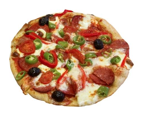Pizza - A smaller cooked pizza with visible toppings.
