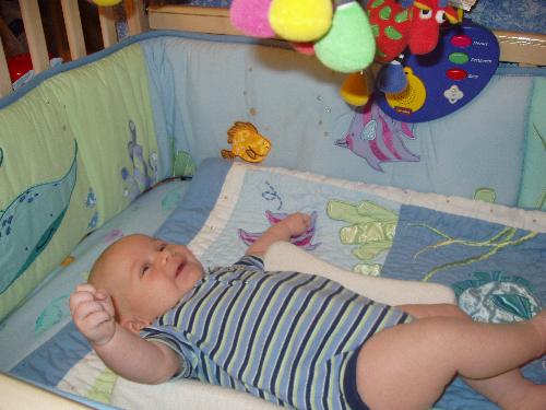 my son finally spends time in his crib - i found this mobile for really cheap at ta thrift store, and vualla! Now he will lay in his crib