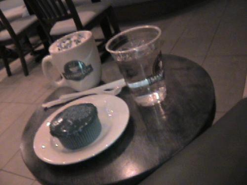 What I Usually Order At The Second Cup - A mocha latte, a double choolate cup cake, and a glass of ice water.