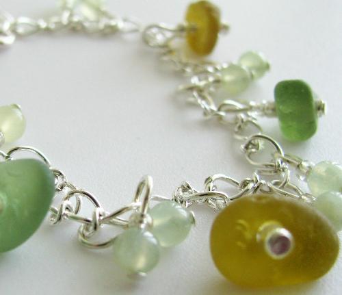 Olive Green & Citrine Sea Glass Bracelet - A 7 1/2' silver plated bracelet, adorned with 2 pieces of olive green and 3 beautiful pieces of citrine (considered to be one of the rare colors of sea glass). Pale green adventurine beads accent the authentic sea glass. Delicate and beautiful, perfect for someone who loves the ocean and sea glass. Soon to be found in my Etsy.com shop