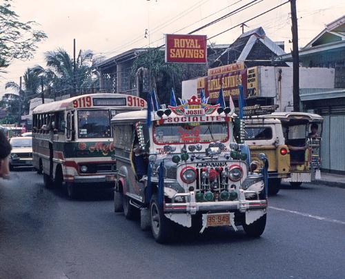 Jeep infront of an Ordinary Bus - Jeepneys are a popular means of public transportation in the Philippines. They were originally made from US military jeeps left over from World War II and are well known for their flamboyant decoration and crowded seating. They have also become a symbol of Philippine culture. - answers.com