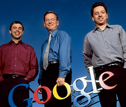 Google Guys - (From the left)	Larry Page( Co-Founder and President,  Products ), Dr. Eric Schmidt( Chairman of the Board and Chief Executive Officer ) & Sergey Brin (Co-Founder and President, Technology )