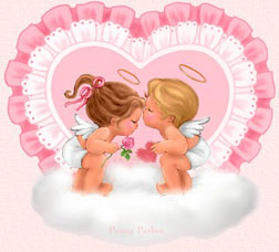 Cherubs - Little cute cherubs in-love and kissing with a heart background.