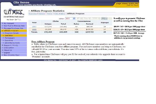 ClixSense Traffic - This is a screenshot of my affiliate earnings at ClixSense. My calculations were based on the total visitors sent to my affiliate link.