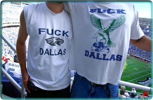 Eagles fans HATE Dallas! - The Eagles/Dallas football rivalry is amazing to watch! It increased in intensity when Terrel Owens left Philadelphia after 1 1/2 seasons and flew south to play with the one team that was sure to spark a war--the Dallas Cowboys! Here, two fans demonstrate how much they HATE Dallas!