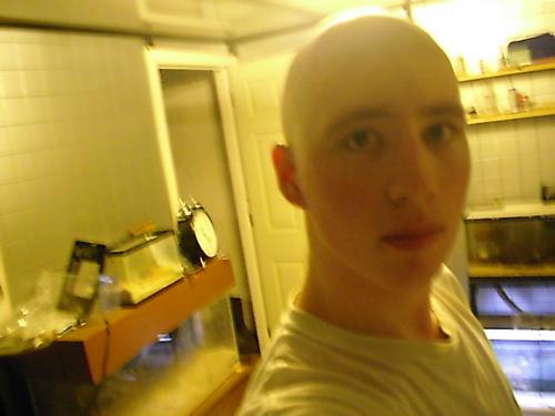 Me after shaving my head - This is a picture of me after just shaving my head. It feels pretty awesome. Taken at about 12:15 AM. I had just finished it. My hair was so long and annoying before, but now my head feels clean and refreshed. I feel great and love it!