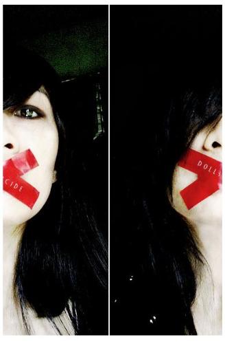 side - A photo of me not-so long ago. I tweaked the skin color little and overlayed the eyes to make it look dreamy and haunting. And that was a real red electric tape on my mouth with a watermark of my used-to-be site dollsuicide.