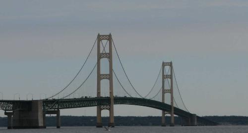 Mackinac Bridge - The Mackinac Bridge, here pictured from the Lake Huron side in Mackinaw City, Michigan, is a suspension bridge spanning the Straits of Mackinac, is also known as 'Big Mac' or 'Mighty Mac'. The bridge opened in 1957.