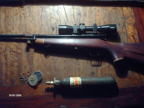 My cal. .177 - This is my co2 rifle. I had it since I was about 12 years old. It is really powerful! I was able to kill lots of pests with it.