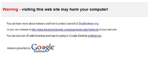 Malware Warning - Malware warning from Google anti-badware.