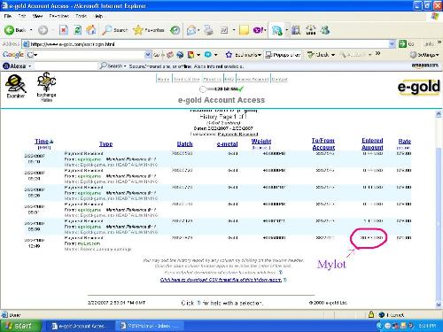My payment in the e-gold account - You can see a payment of nearly $40 in my e-gold account
