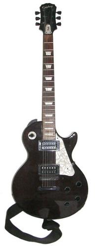 guitar - Electric guitar with a guitar strap.  Very loud electric guitar for rock concerts,live music, and performances.  Black guitar with 6 strings.