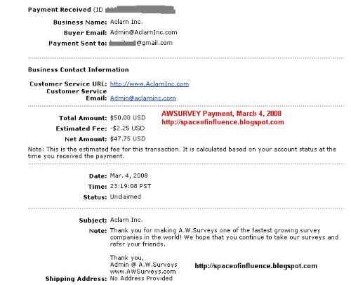 awsurveys payment proof - Proof that AWSURVEYS pays! http://spaceofinfluence.blogspot.com