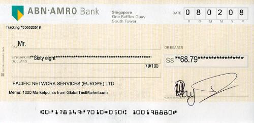 Check received from GlobalTestMarket - This is the USD$50 equivalent check I received from GlobalTestMarket in February 2008 after requesting redemption of 1000 points earned.