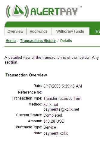 XClix Payout #2 - This is a screenshot of the Alertpay payout I got from XClix today.