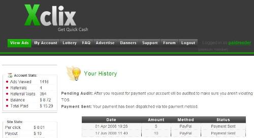 XClix History Screen - This is a snapshot of my XClix history. As you can see, I got paid today!  If interested in this site, please visit: http://www.Xclix.net/index.php?r=paidreader