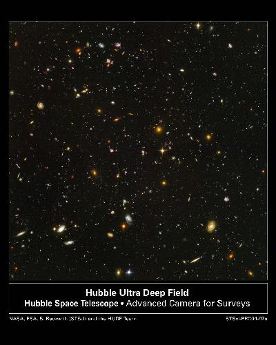 Hubble Ultra Deep Field Image 2004 - Image taken by the Hubble Space Telescope back in 2004 showing us as far as it&#039;s eye can see. Almost every spec of light in the image is a galaxy with billions of stars, some very much like ours. 