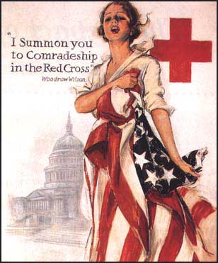 American Red Cross - An woman wrapped in the American flag with the symbol of the Red Cross.