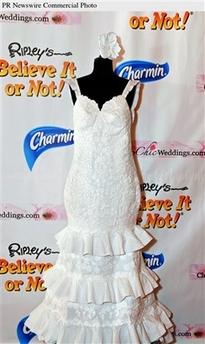 wedding gown made of toilet paper - AP photo of the winning gown in the Cheap-Chic-Weddings.com toilet paper wedding gown contest.