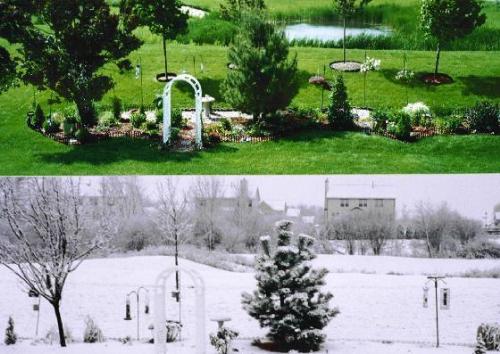 Summer/Winter - A picture of a garden: summer and winter time compared to eachother.