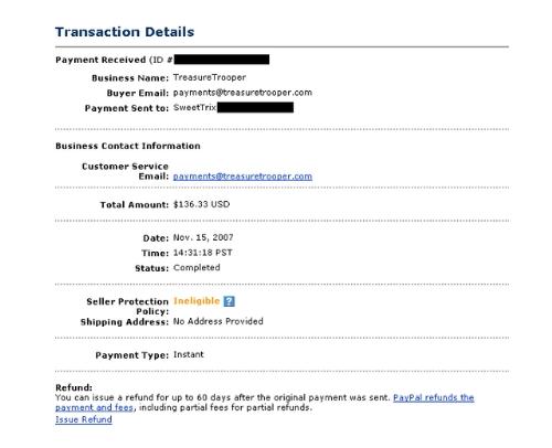 Treasure Trooper Payment - My payment from Treasure Trooper via PayPal.