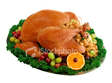 chicken - plump, moist oven roasted turkey bedecked with colorful fruit granishes and stuffed with a savory sourdough bread stuff.
