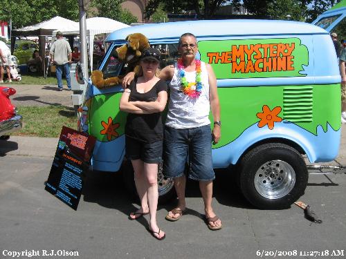 Mystery Machine - The Mystery Machine from Scooby Doo fame. A VW van with 4 feet cut off of it then modified and painted like the Cartoon van.