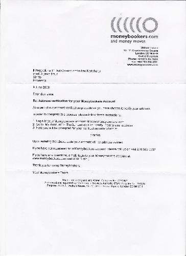 Moneybookers letter  - Moneybookers letter for Address verification