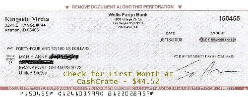 Check from CashCrate -  My first month with CashCrate and I got this check - nice!