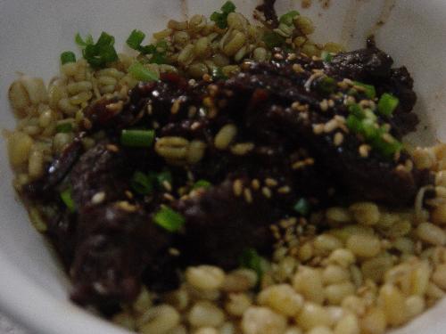 Korean Beef - Korean Beef with mongo beans sprouts and a healthy dash of sesame seeds and shallots