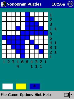 Grid Puzzle - Nonogram - Nonograms are picture logic puzzles in which cells in a grid have to be colored or left blank according to numbers given at the side of the grid to reveal a hidden picture. In this puzzle type, the numbers measure how many unbroken lines of filled-in squares there are in any given row or column. For example, a clue of'4 8 3' would mean there are sets of four, eight, and three filled squares, in that order, with at least one blank square between successive groups. These puzzles are often black and white but can also have some colors. If they are colored, the number clues will also be colored in order to indicate the color of the squares. Two differently colored numbers may or may not have a space in between them. For example, a black four followed by a red two could mean four black spaces, some empty spaces, and two red spaces, or it could simply mean four black spaces followed immediately by two red ones. Although there are no theoretical limits on the size of a nonogram, most do not exceed 100x100. The largest known nonogram has a size 500x500, unfortunately it was solved only by the computer. It was introduced on International Griddlers Meeting, 2nd-4th September 2005, Delft Netherlands.