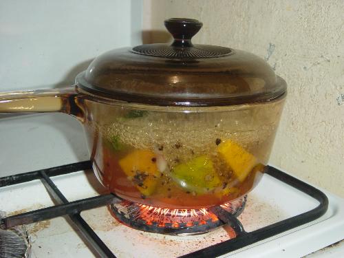 Beef Shank cooking 2 - The beef shank is almost done now. I have added onions and leeks and the yellow stuff you see that's pumpkin which I will puree later in the food processor and add to the beef stock. It will make this more tastier.