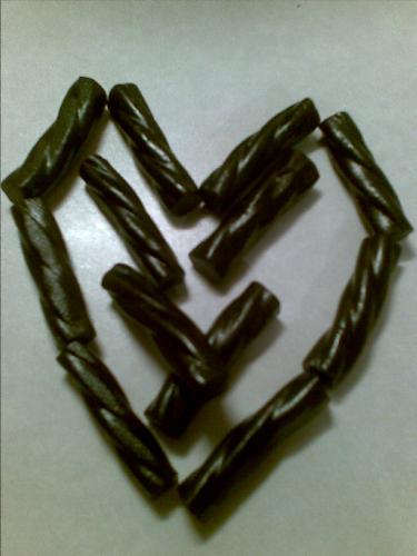 liquorice - One of my favourite treats, hence my username! The heart shape illustrates my love for it.  :0)