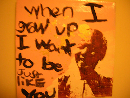 I want to grow to be like you - This picture is based on art work that says "when i grow up, i wanna just be like you" . Its done in oil paint.